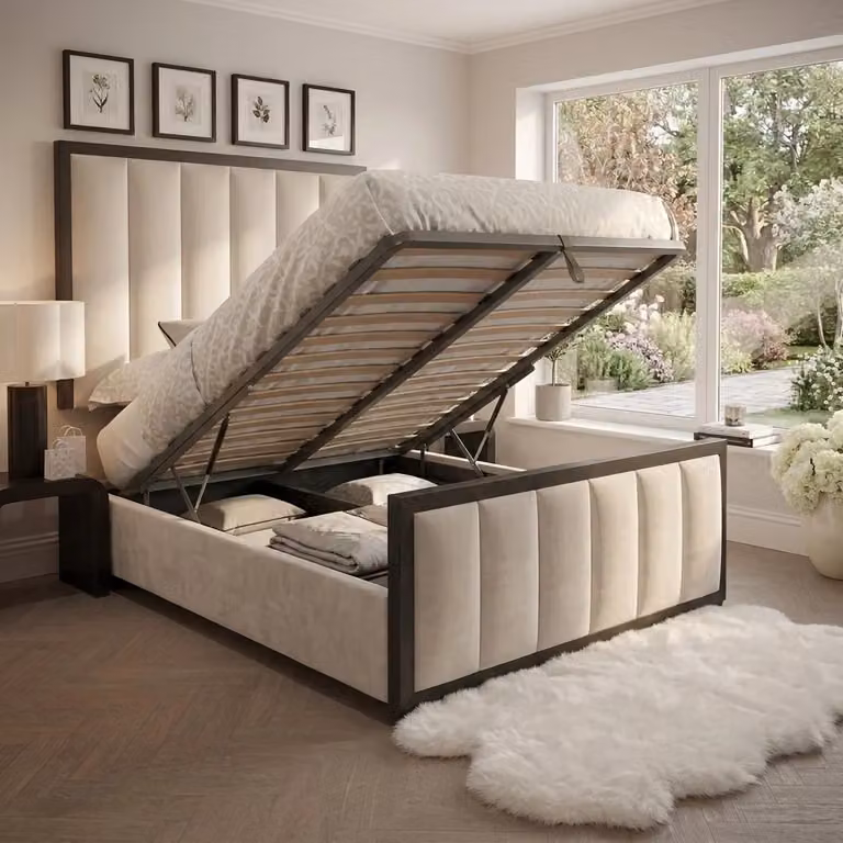 Bedsnk Ltd Cannes Modern Upholstered Bed Frame with Lift Up Base in Beige