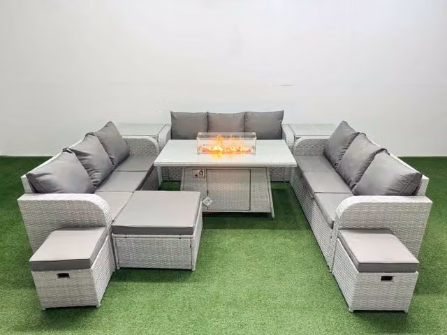 Fimous 12 Seater PE Rattan Outdoor Garden Furniture Set in Light Grey with Firepit Dining Table, 3 Seater Sofa, 3 Stools and 2 Side Tables