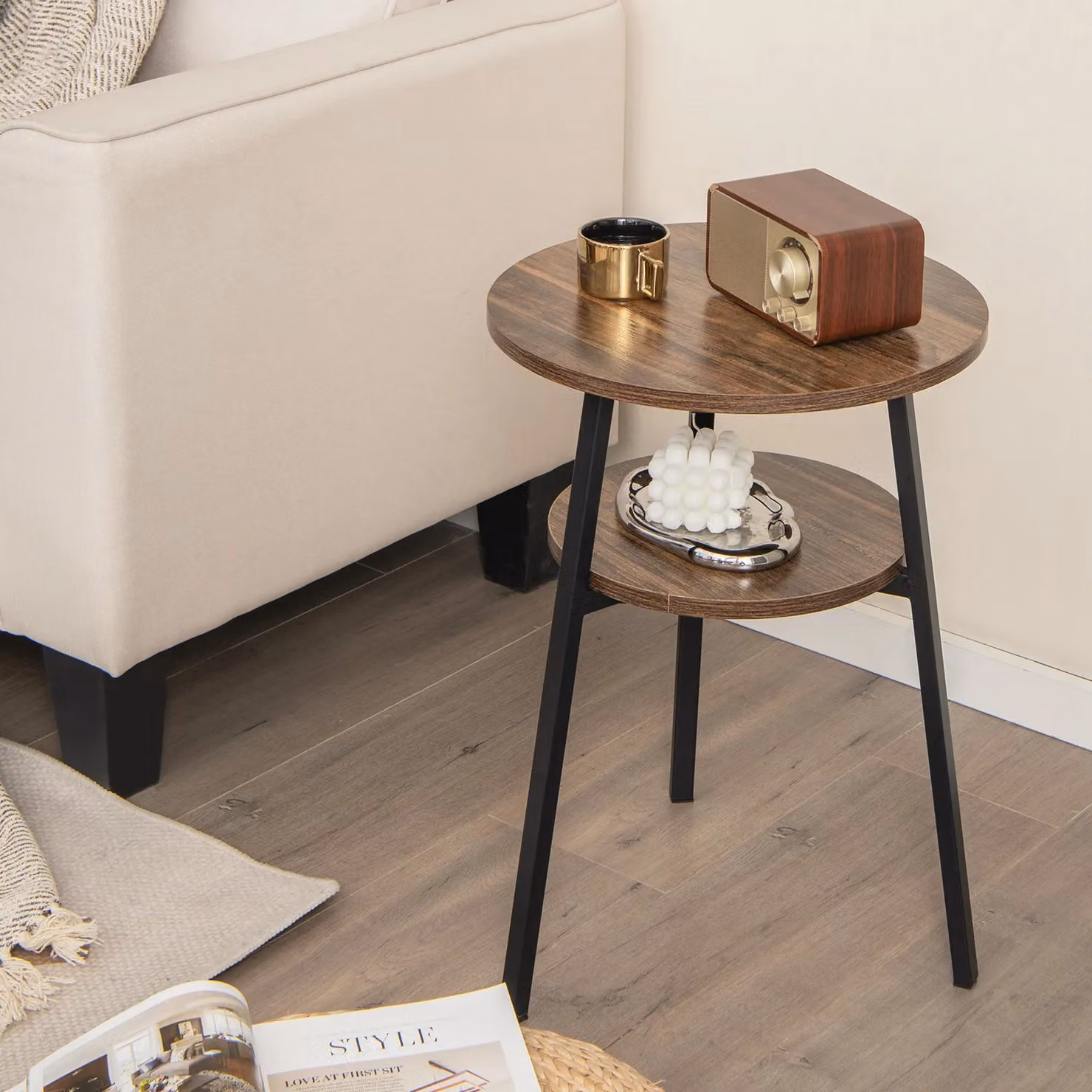 Costway Round 2 Tier End Table with Open Storage Shelf and Metal Frame in Brown – 2