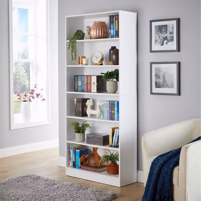 Home Source Clara Tall Wide Storage Bookcase with Adjustable Shelves in White