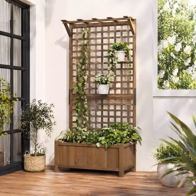 STILVORA Brown Wooden Raised Planter with Trellis and Hanging Roof – 1