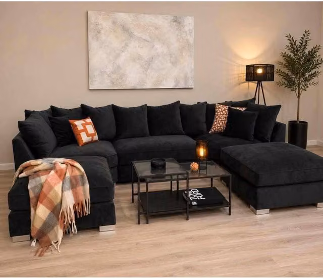Home & Love Bishop U Shape Cinema Scatterback Corner Sofa in Naple Black