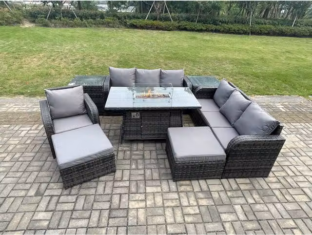 Fimous 9-Seater Rattan Garden Furniture Set with Gas Fire Pit Table in Dark Grey