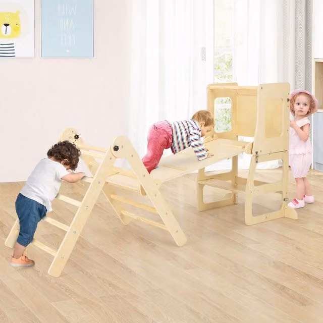 Costway 7 in 1 Toddler Climbing Frame with Ramp, Brown