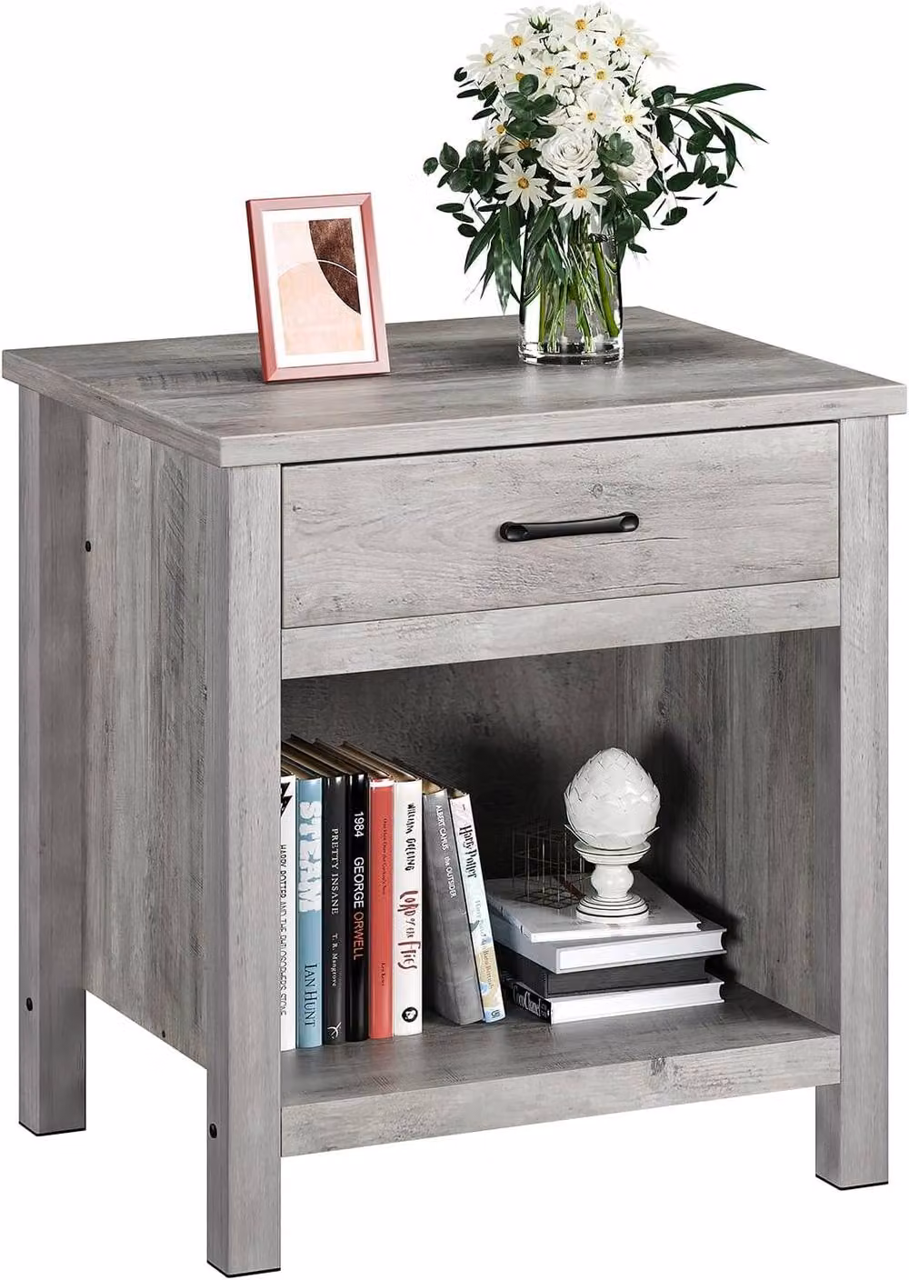 London Boutique Modern Grey Wooden Bedside Table with Drawer and Shelf – 2