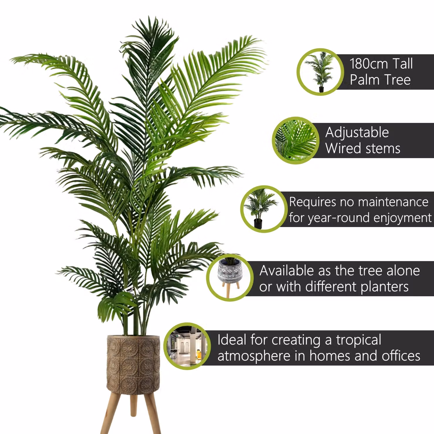 Pegdev 180cm Artificial Palm Tree with Zandi Planter in Green and Black – 2