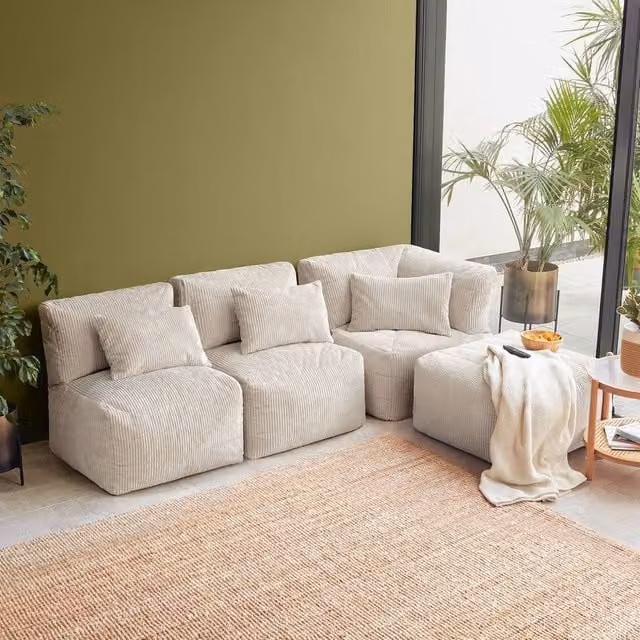 icon Noa 4-Piece Bean Bag Set in Cream Jumbo Cord, including 1x Corner, 2x Recliner and 1x Slab – 1