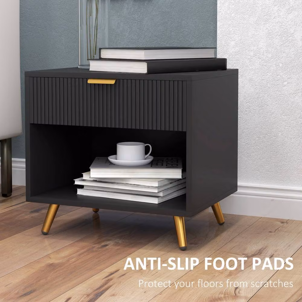 STILVORA Modern Bedside Table with Drawer and Shelf in Black and Gold – 7