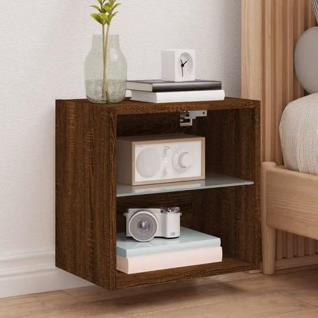 Berkfield Home Set of 2 Wall-mounted Bedside Cabinets with Integrated LED Lights in Brown Oak