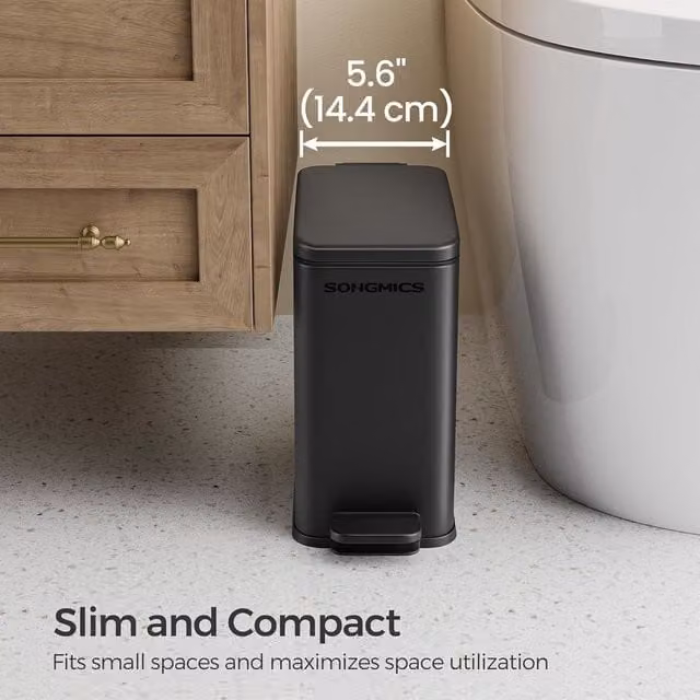 SONGMICS Small Steel Pedal Bathroom Bin with Soft Close Lid and Removable Inner Bucket, Black – 1