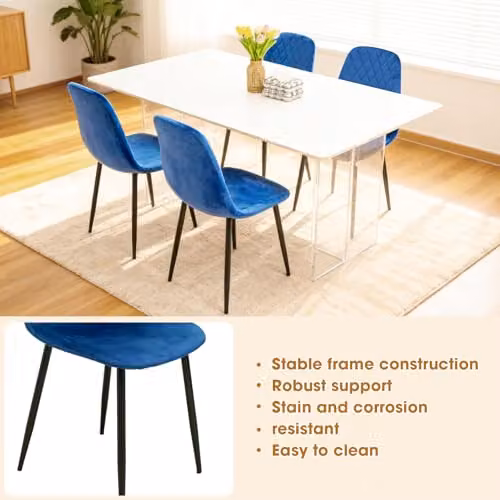 Alivio Set of 4 Blue Velvet Dining Chairs with Ergonomic Curved Backrests and Metal Legs – 8