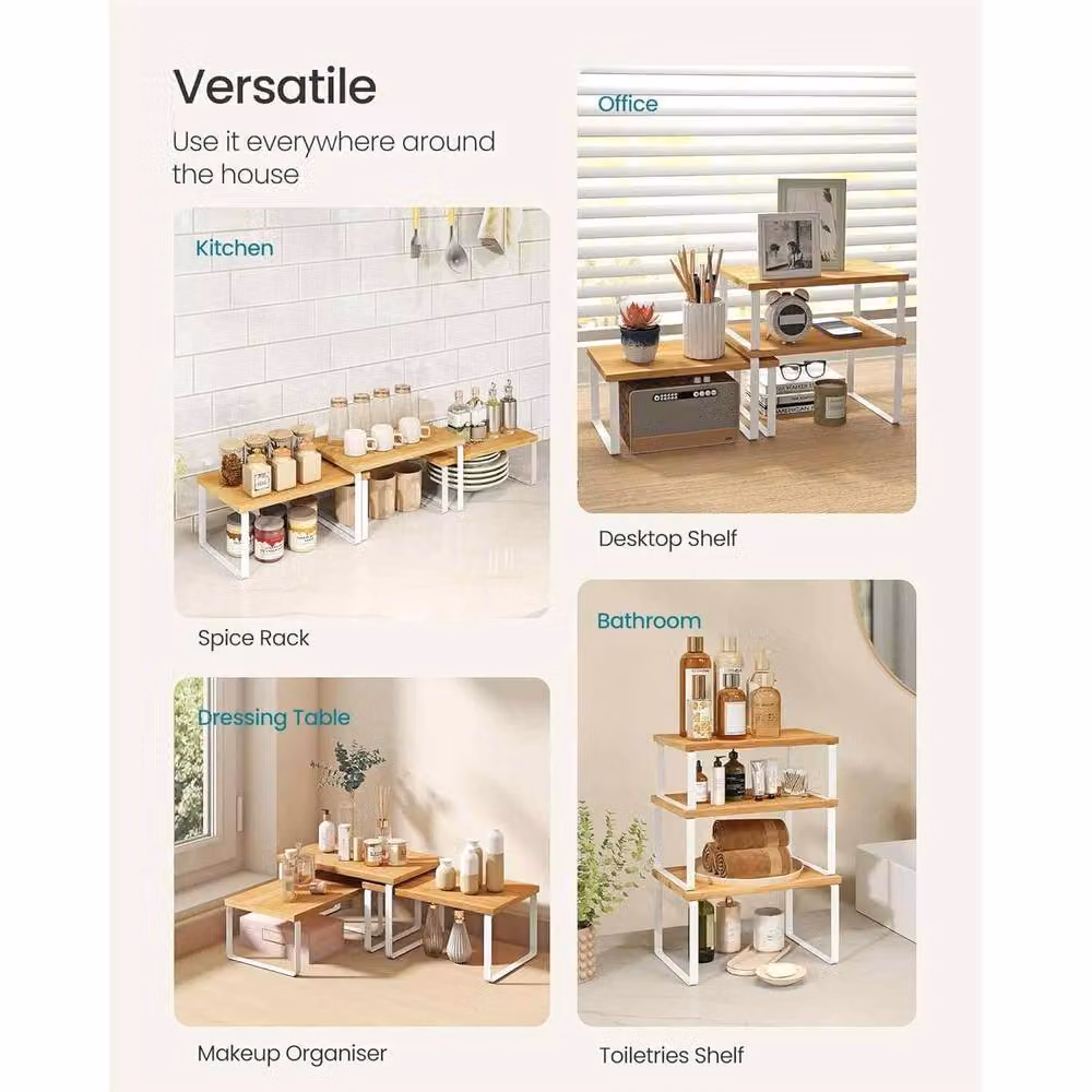 The Bazaarist Set of 3 Expandable Kitchen Storage Shelves in White and Beige Wood – 2