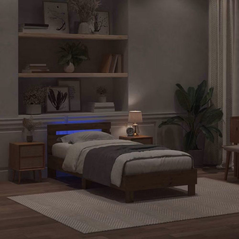 Berkfield Home Modern Artisan Oak Bed Frame with LED Under-Bed Lighting and USB Charging Port in Brown, W/D/H: 80 x 200 x 31 cm – 2
