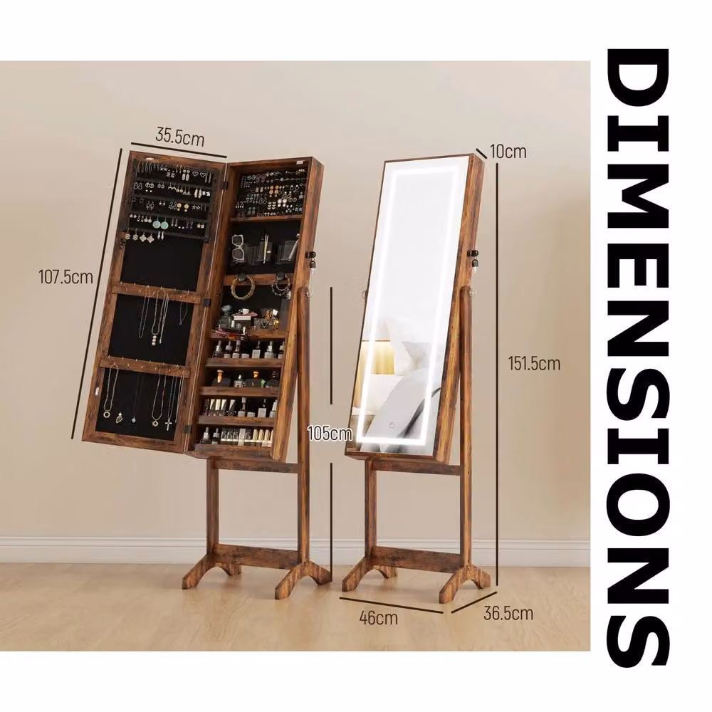 FURNOS Brown Free Standing Jewellery Cabinet with Lockable Mirror and LED Lighting, H: 151.5 cm, W: 46.0 cm, D: 36.5 cm – 6
