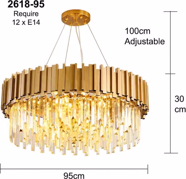 Clear and Gold Postmodern Pendant Chandelier in Crystal and Metal, W/D/H: 95 x 32 x 30 cm