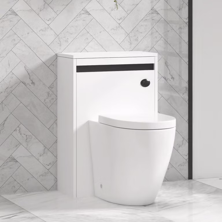 Royal Bathrooms Orion 540mm Matt White Back to Wall WC Unit with Elva Rimless Short Projection Ceramic Toilet Pan, Seat and Cistern with Black Accent Trim
