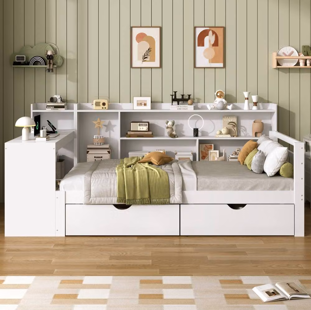 STILVORA Modern Single Day Bed in White with Storage Drawers, Desk, Bedside Shelf and USB Charging Port, W/D/H: 90 x 190 cm – 2