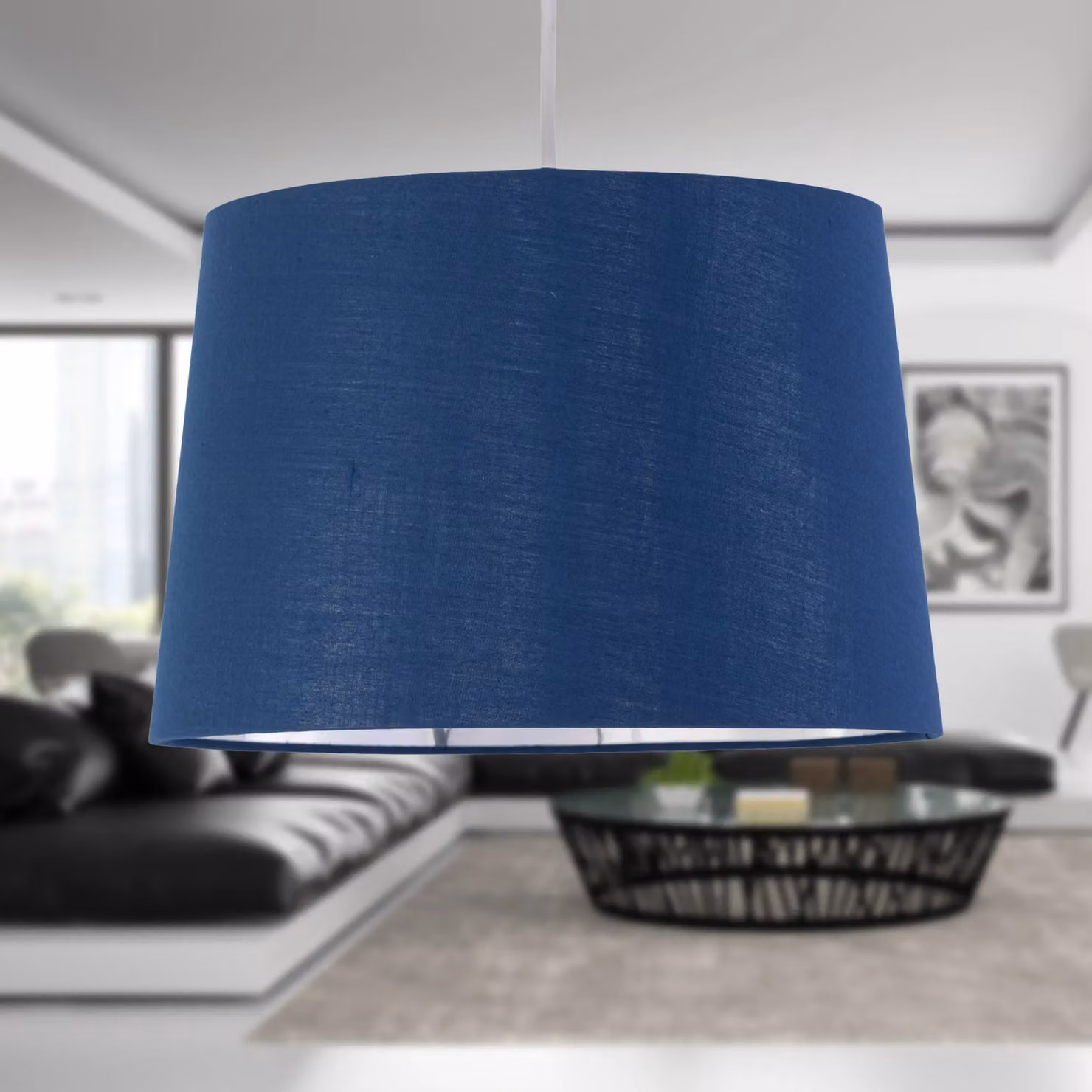 First Choice Lighting Zoey Set of 2 Easy Fit Cylinder Pendant Lamp Shades in Blue and Silver Fabric with Chrome Details – 4