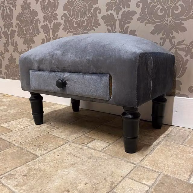 Minster Velvet Footstool with Drawer, Grey, W: 45 cm, D: 25 cm, H: 28 cm