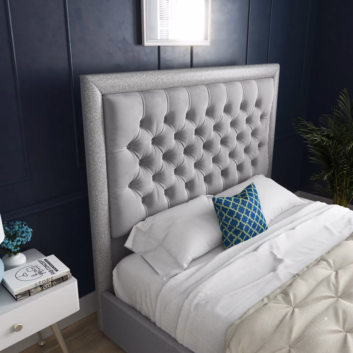DS Living Cheltenham Upholstered Velvet Bed Frame in Grey, W/D/H: 140 x 200 cm – 2