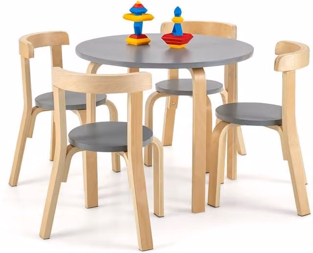 Costway 5-Piece Wooden Childrens Activity Table and 4 Curved Chairs Set in Grey