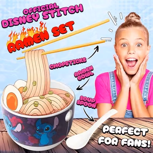 Get Trend Disney Stitch Ramen Bowl Set, Multicolour Ceramic Japanese Rice Noodles Bowl with Ceramic Spoon and Bamboo Chopsticks, 600ml – 2