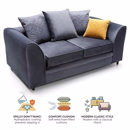Abakus Direct Chicago 2 Seater Velvet Sofa in Grey, W/D/H: 160 x 89 x 78 cm – 3