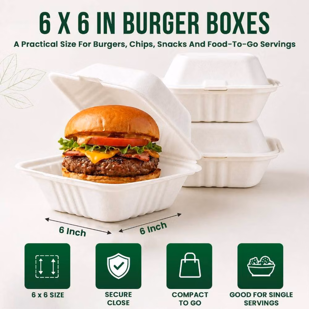 ECONX White Biodegradable Bagasse Clamshell Takeaway Burger Boxes, 200 Pack – 4