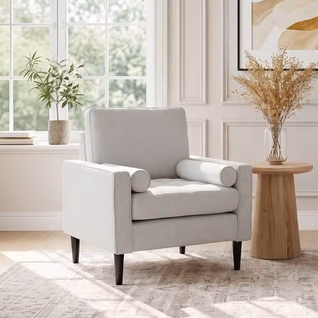 Livingandhome Mid-Century Single Sofa Armchair with Cushion in White Fabric