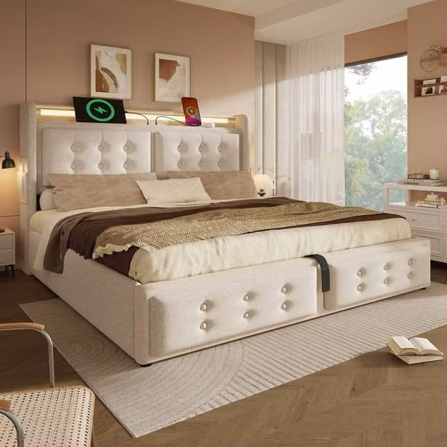 Rolipo Beige Linen Double Ottoman Storage Bed with LED Lighting and USB Charging Port, W/D/H: 140 x 200 x 135 cm
