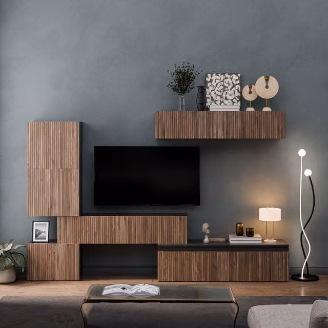 Decorotika Valencia Wall Mounted Entertainment Center in Black with Striped Pattern