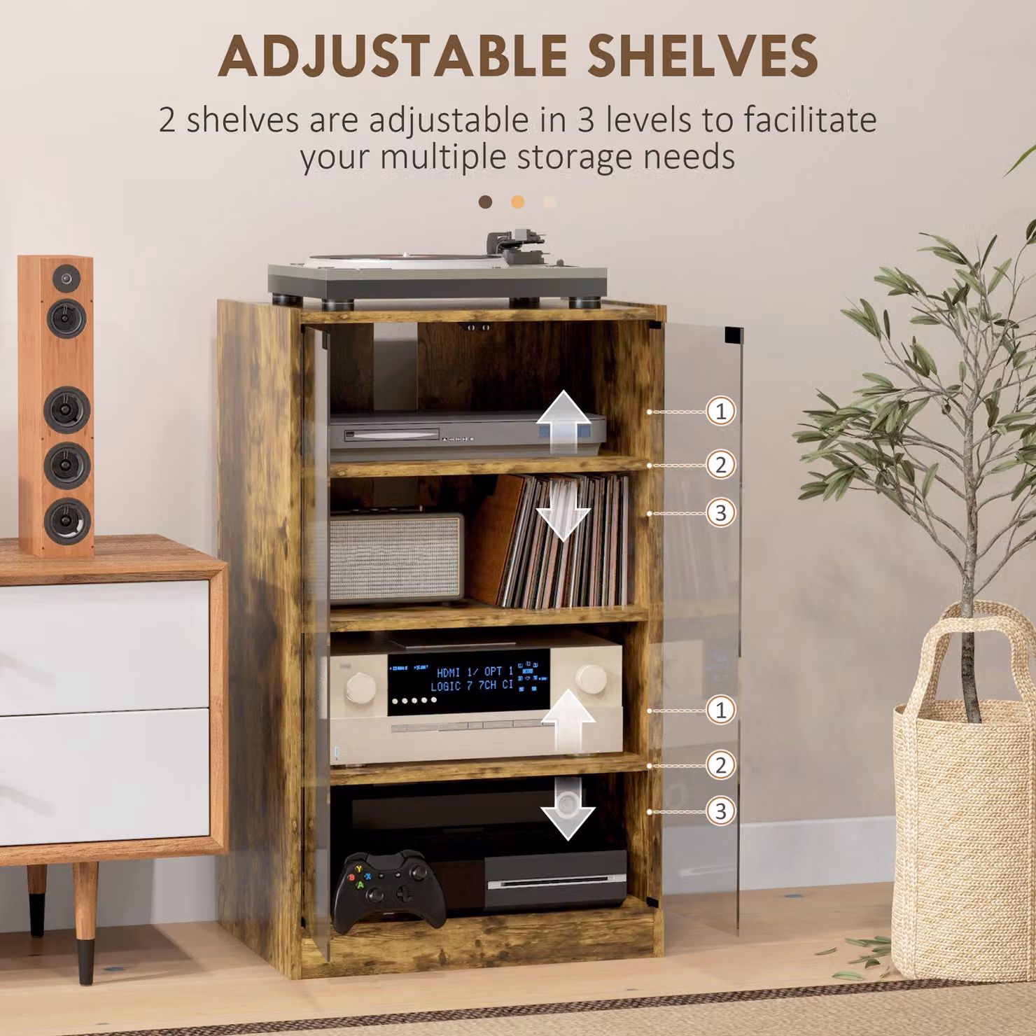 HOMCOM 4-Tier Hi-Fi Record Player Stand with Adjustable Internal Shelves and Push-to-Open Glass Doors, Rustic Brown – 4