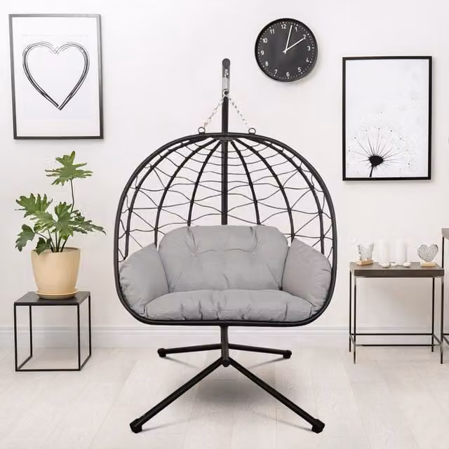 Comfy Living Modern Black and Grey Polyrattan Egg Swing Chair with Stand and Cushions, Height: 205 cm