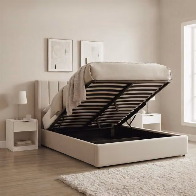 Home Source Alix Ottoman Storage Bed with Lift Up Base, Beige Velvet Fabric, W/D/H: 180 x 200 cm