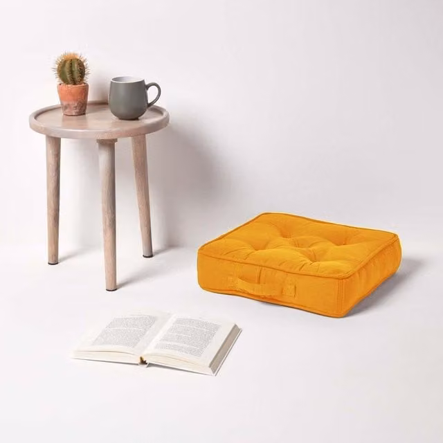 Homescapes Rajput Ribbed Cotton Ethnic Square Floor Cushion - Yellow