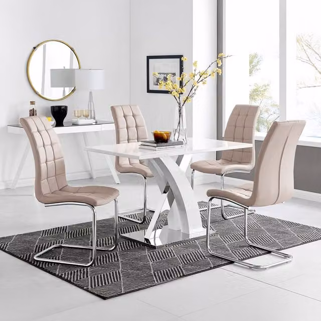 FurnitureboxUK Atlanta White Gloss and Chrome Rectangle Dining Table and 4 Murano Dining Chairs in Cappuccino