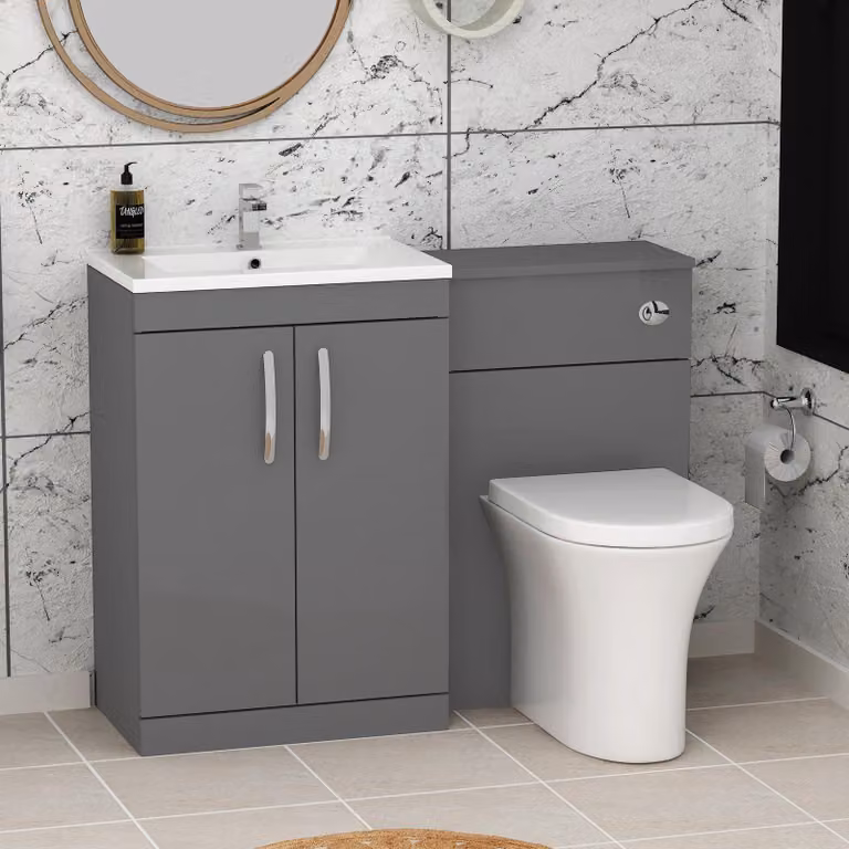 Royal Bathrooms Indigo Grey Gloss 2 Door Furniture Pack with Minimalist Basin and Breeze Back to Wall Toilet, W: 110 cm