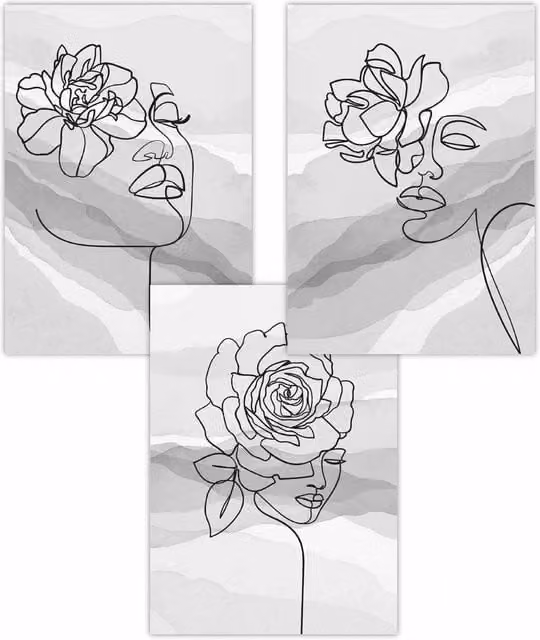 ARTZE Set of 3 Boho Floral Face Line Art Posters in Grey and Black, W: 30 cm, H: 42 cm