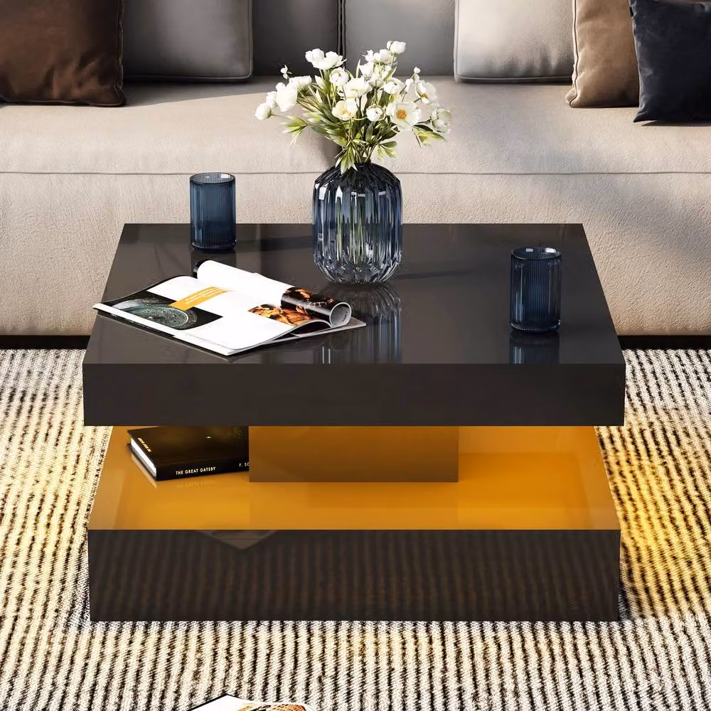 KEEPREAPER Contemporary 2-Tier Square LED Coffee Table with Storage in Black Glossy Finish W/D/H: 78 x 78 x 40 cm – 2