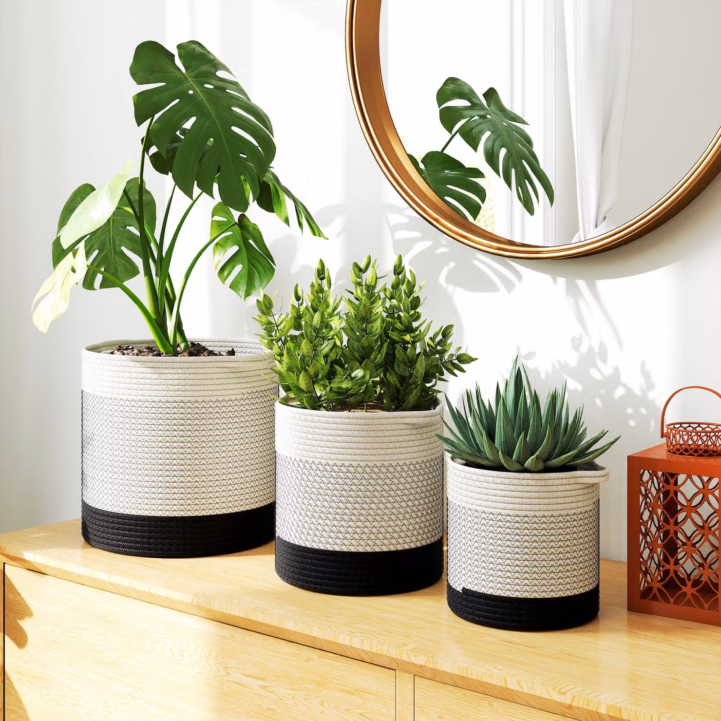 Outsunny Set of 3 Handwoven Cotton Indoor Planters with Waterproof Liner, White – 6