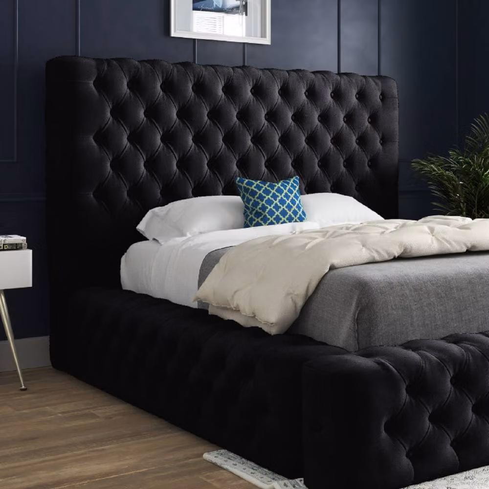 Casani Worcester Black Velvet Pleated Upholstered Designer Bed Frame, W/D/H: 200 x 137 x 221 cm – 4