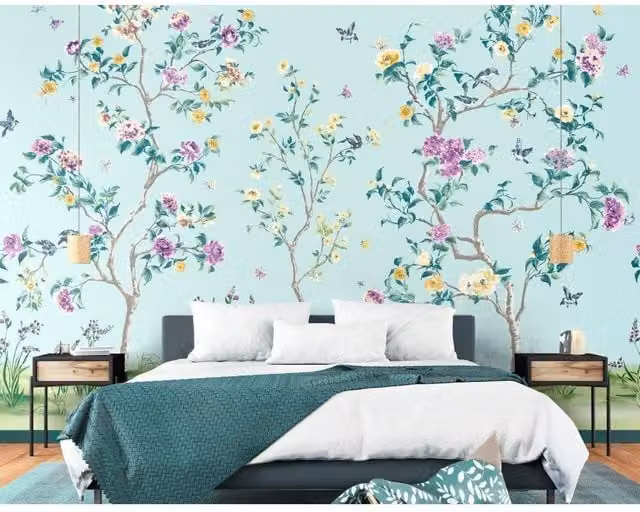 Origin Murals Flower Tree Floral Wall Mural in Blue, W: 300 cm, H: 240 cm