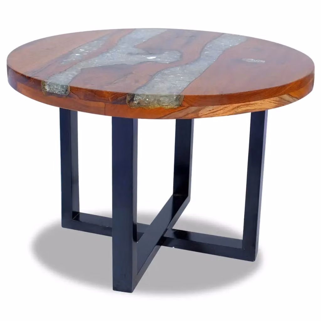 Berkfield Home Round Teak and Mango Wood Coffee Table with Resin in Brown and Black, Diameter: 60 cm – 2