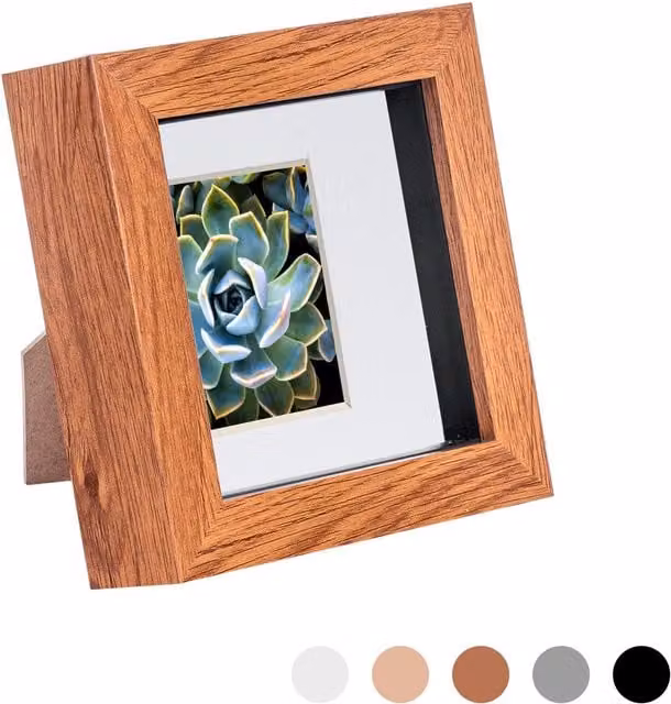 Nicola Spring Single Square 3D Box Photo Frame in Brown Wood with White Mount, W/D/H: 10.16 x 10.16 x 10.16 cm