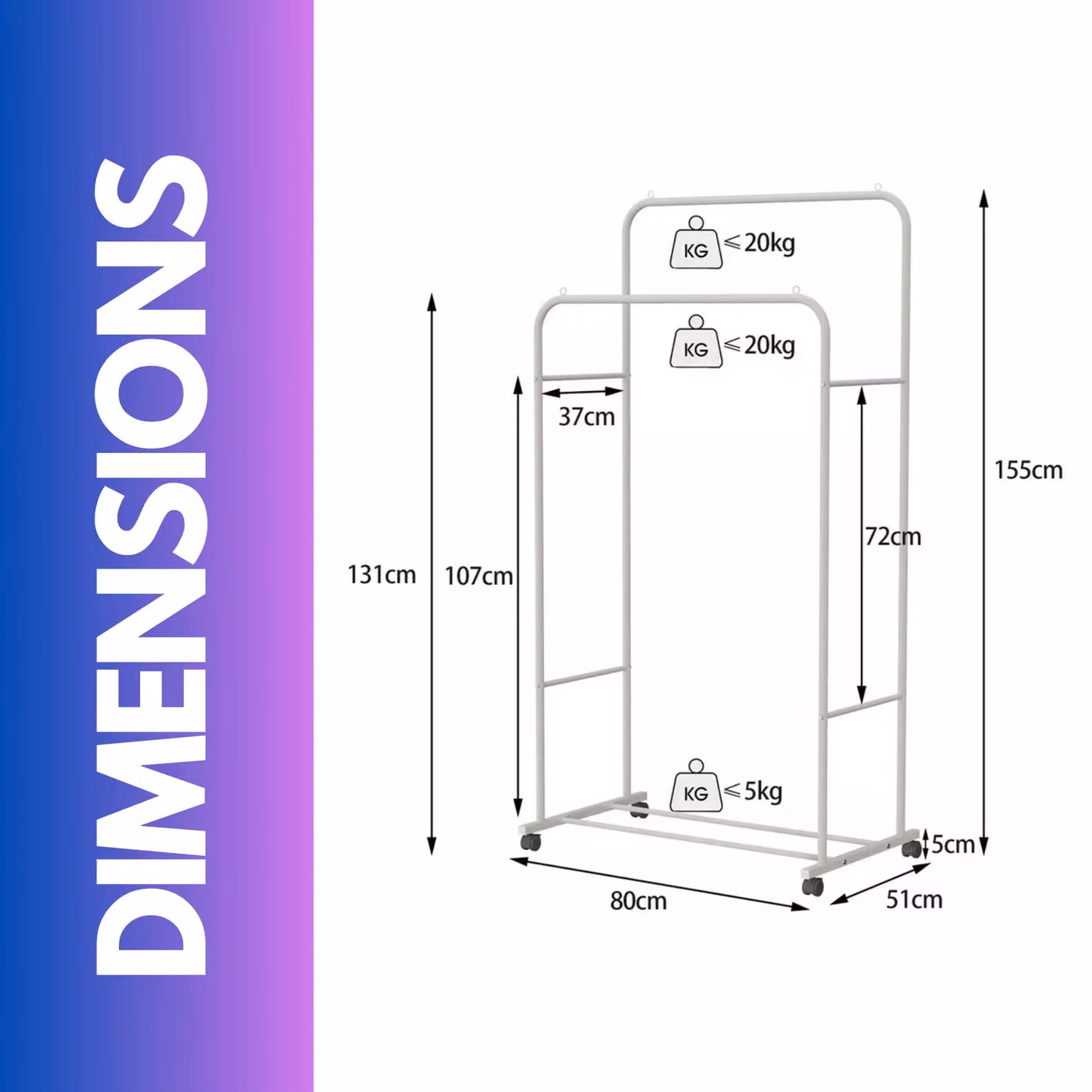 Pirlo Plush Heavy Duty Metal Clothes Rail Open Wardrobe with Storage Shelf on Wheels, White – 4
