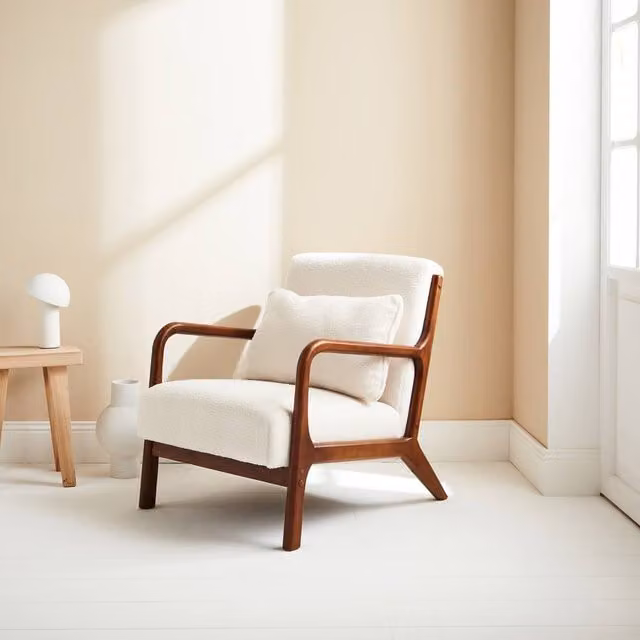 sweeek Scandi-style Boucle Armchair with Cushion and Solid Wood Frame in Cream