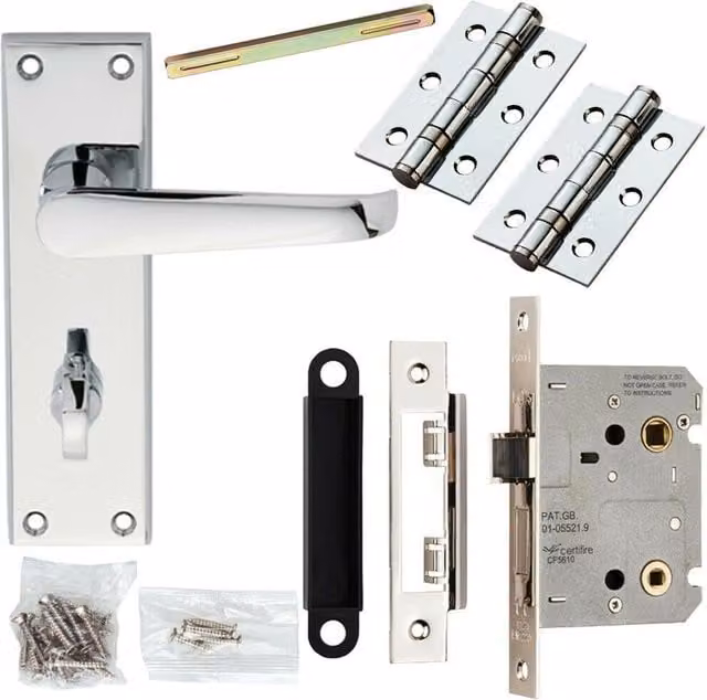 Loops Victorian Straight Door Handle and Bathroom Lock Pack in Chrome, Backplate W: 150 mm, H: 43 mm