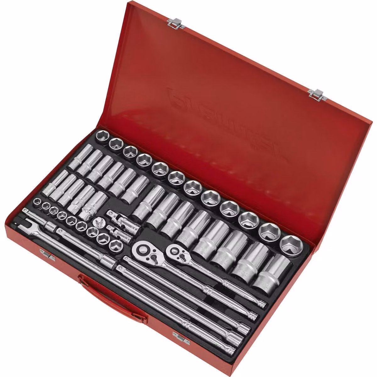 Loops 50 Piece Metric Socket Set with 1/2 inch and 3/8 inch Square Drive and Ratchet Handle in Silver and Multicolour – 3