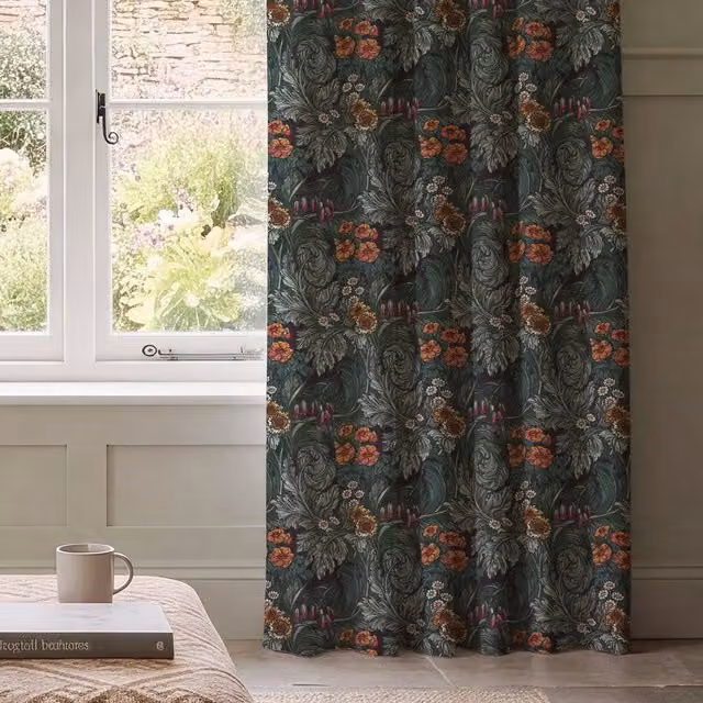 HOUSE Llewelyn-Bowen Hedgerovia Printed Velvet Made To Measure Curtains, Tangelo Multicolour Floral Design