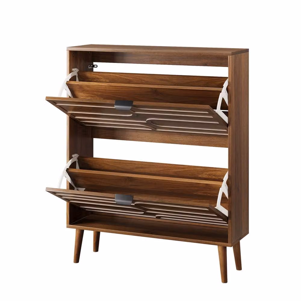 Merax Mid-Century Walnut Shoe Storage Cabinet with Tilting Compartments and Internal Shelves, Brown – 4